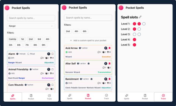 Screenshots of the three screens in PocketSpells